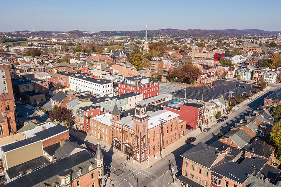 York PA - Aerial View of the Historic District in Downtown York Pennsylvania on Sunny Day
